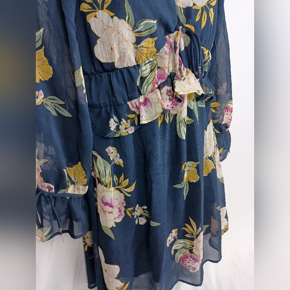 Y2K Sheer Boho party‎ Barbiecore XS Romantic Fairy Floral Navy Blue Summer Dress - Picture 7 of 11